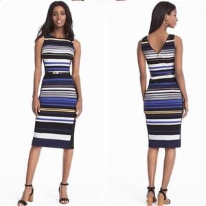 White House Black Market Striped Sheath Midi Dress Bodycon Size 4 Belted